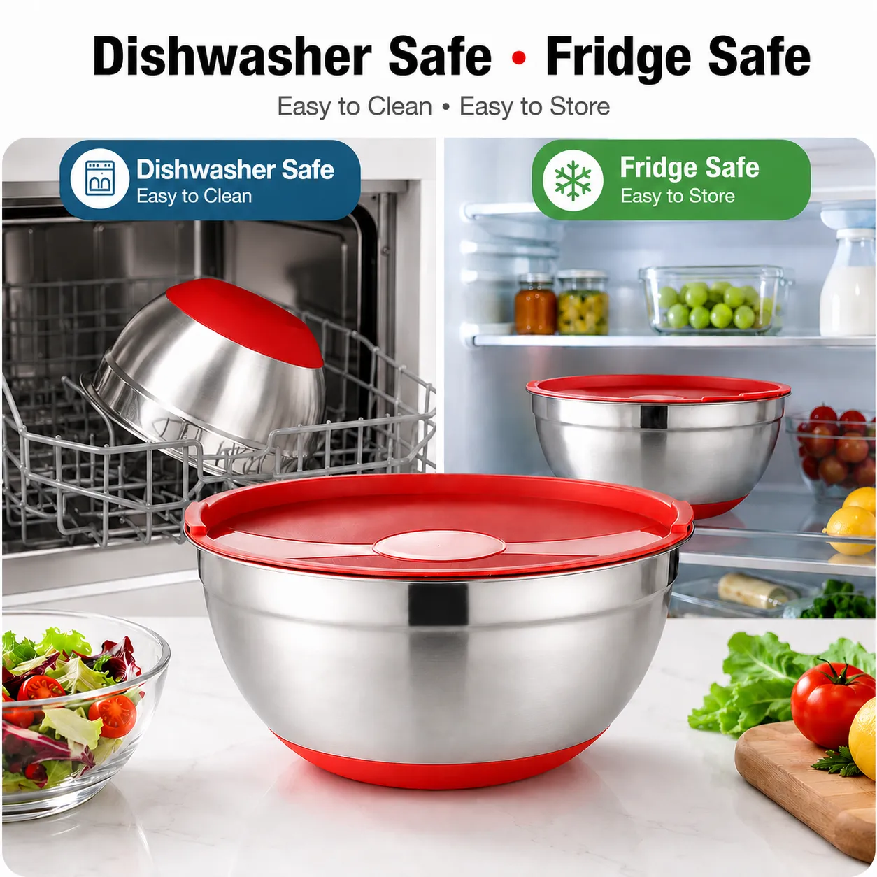 Bulk Stainless Steel Salad Bowl with Colorful Lid and Silicone Bottom - الصورة 5