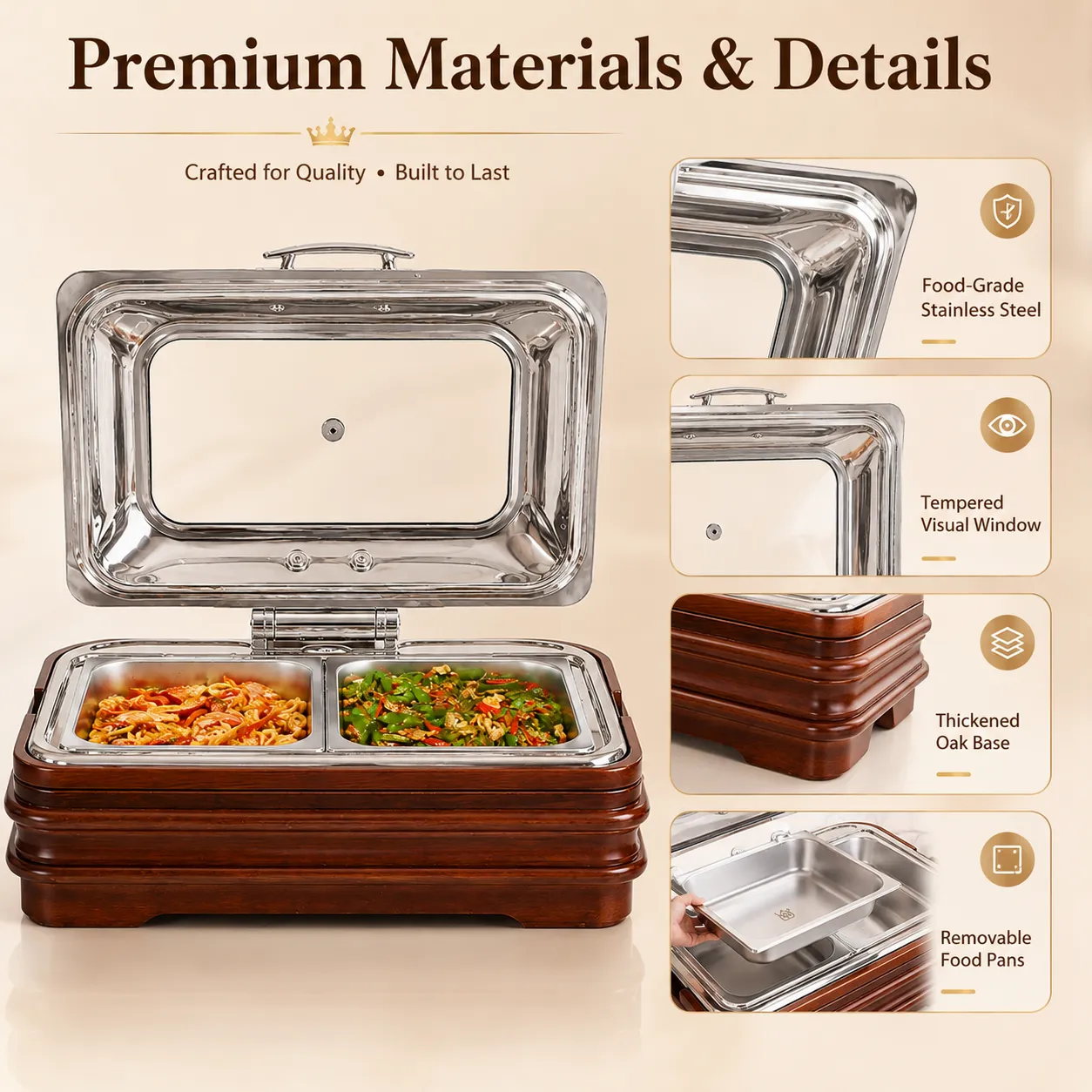 Wholesale Wooden Chafing Dish Electric Stainless Steel with Lid Rectangle - 画像 (2)