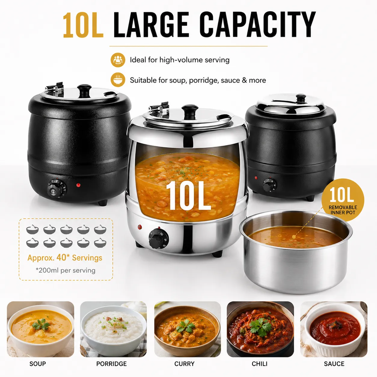 Panela de sopa de aço inoxidável preta, 10 L, a granel (4)