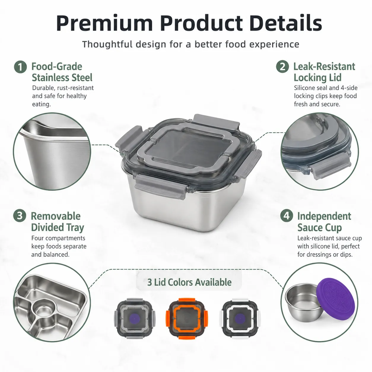 Custom Stainless Steel Salad Container Lunch Box with 3-Compartment Tray - Imagen 2